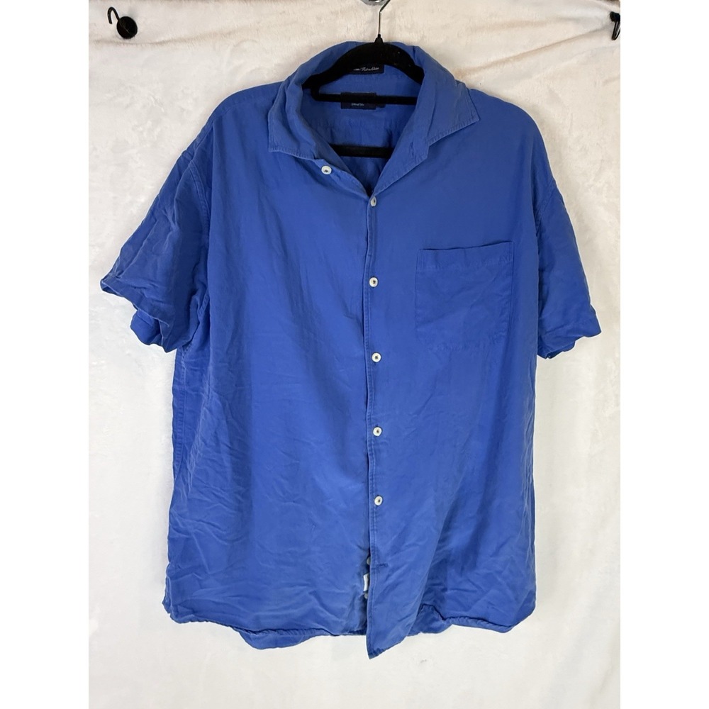 LINCS David Chu Blue Silk Shirt XL Short Sleeve Button Front Casual Work Resort‎